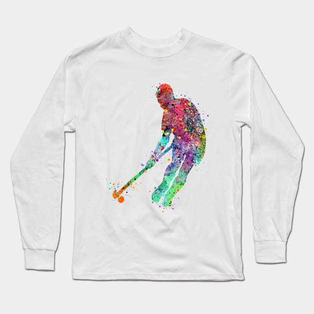 Field Hockey Player Watercolor Sport Long Sleeve T-Shirt by LotusGifts